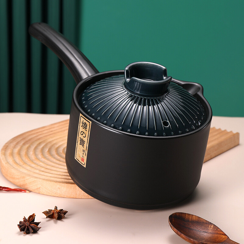 Pottery King single-handled casserole dry-fired non-cracking soup stew pot porridge small size 1-2 people long-handled ceramic milk pot with handle blue stripe single-handled milk pot 1.5L