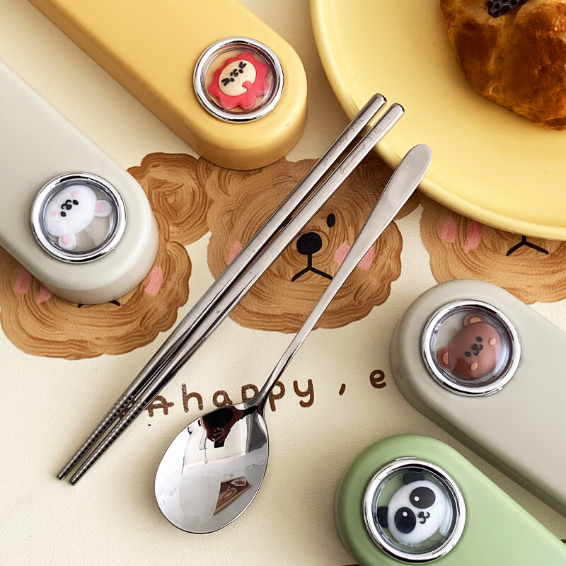 WORTHBUY 316 Stainless Steel Chopsticks and Spoons Cute Portable Tableware Three-piece Set Single Student Takeaway Storage Cutlery Box Hehe Xiong Mi White + 304 Chopsticks and Spoons 3-piece Set