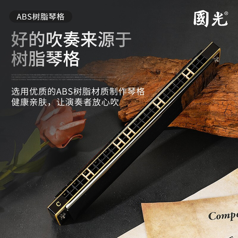 Guoguang Shanghai Guoguang harmonica 28-hole accented advanced adult professional performance level polyphonic C key beginner entry instrument 28-hole C key wide range golden polyphony + learning materials