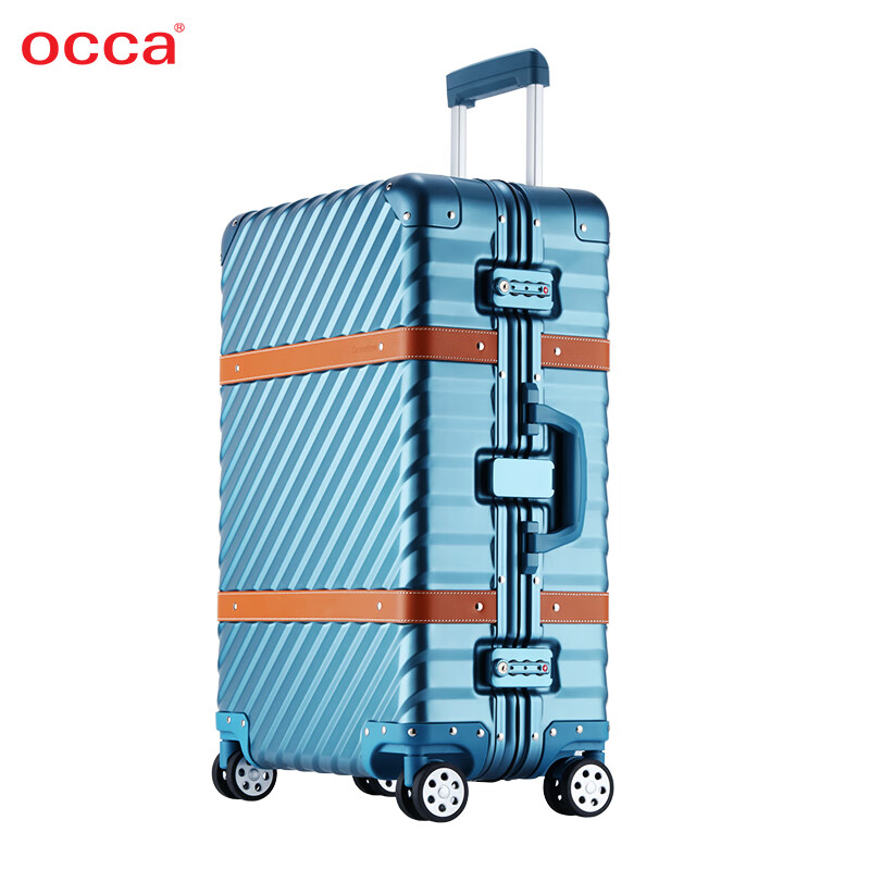 Occa suitcase business men's high-end diagonal striped aluminum-magnesium alloy trolley case metal cowhide travel retro boarding case retro silver 24 inches