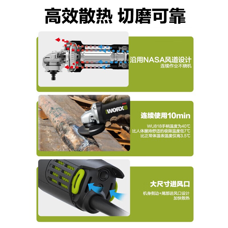 WORX wu800x angle grinder multi-functional industrial-grade high-power grinding wheel grinder cutting machine polishing grinding slotting machine WU800X carbon brush package-750 watt rear switch