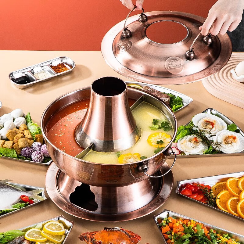 Yanxing Old Beijing Copper Hot Pot Imitation Copper Old-fashioned Red Copper Hot Pot Home Furnishing Stove Lamb Shabu-Burning Charcoal Hot Pot Outdoor Copper (Suitable for 8-12 People) 36cm