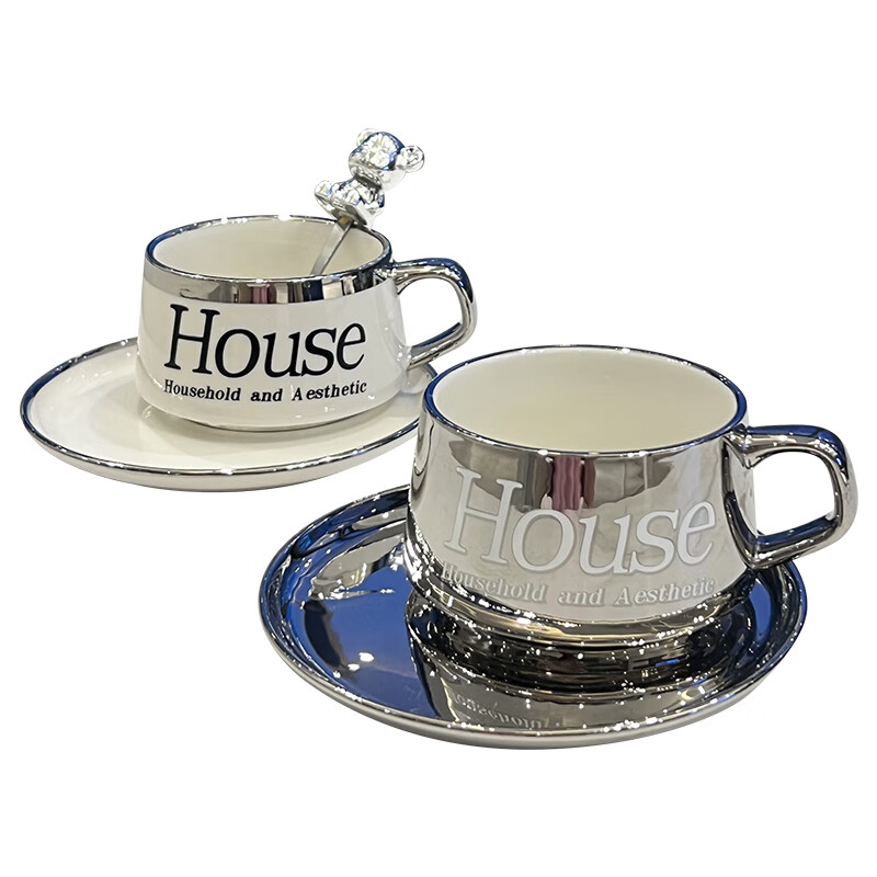 QCSK German light luxury women's coffee cup set high-end exquisite European afternoon tea cup high-end ceramic mug House coffee cup with bear spoon (silver)