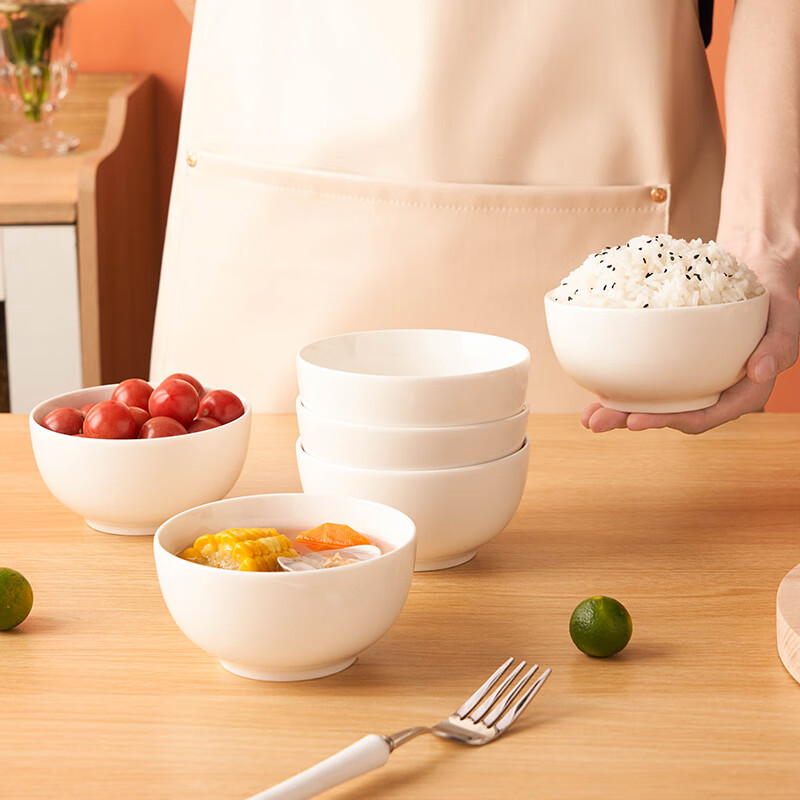 Youlaifu ceramic bowl white porcelain Chinese small bowl household 4.5-inch rice bowl soup bowl noodle bowl set 6 pieces