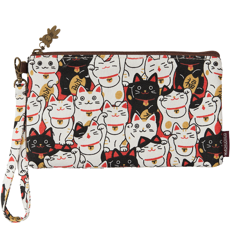 SHU GUO ER Coin Purse Clutch Wallet Women's Mobile Phone Handbag Cartoon Fabric Wallet Small Canvas Storage Bag Coin Bag Lucky Cat (Japanese Style)