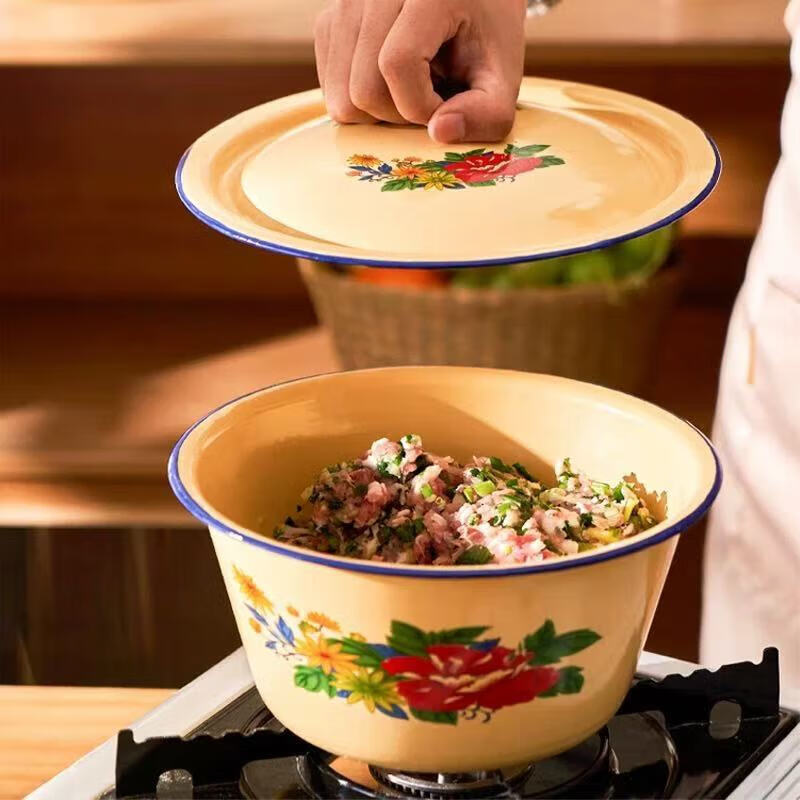 Hao Fanjie old-fashioned enamel basin with lid lard jar enamel pot retro lard basin enamel jar soup basin food grade thickened porcelain basin yellow enamel lard jar-22cm