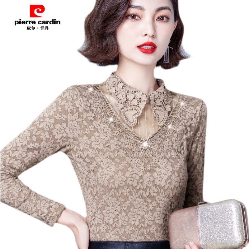 Pierre Cardin Lace Lined Velvet Bottoming Shirt Women's 2024 Autumn and Winter New Long Sleeve Top Fashionable and Versatile Small Shirt Trendy Camel Velvet 3XL