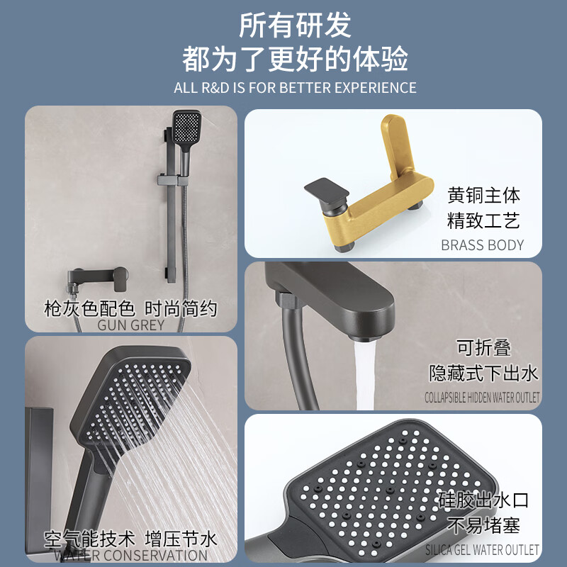 Tipai Gun Gray Bathroom Shower Set Rain Sprinkler Bathroom Hot and Cold Full Copper Mixing Valve Bathtub Faucet Black Model A (Square Sprinkler)