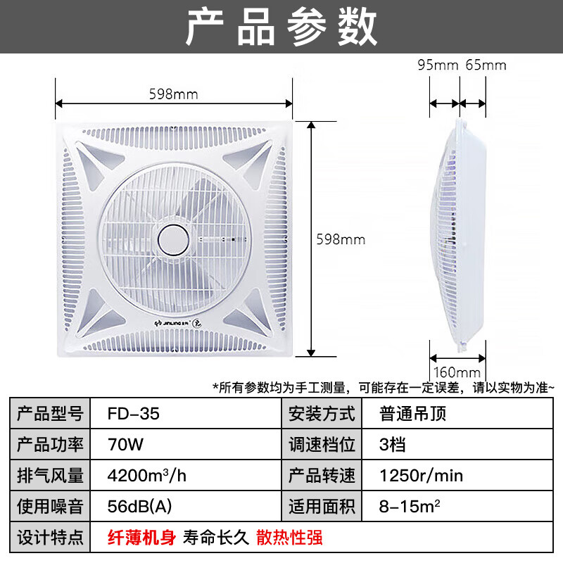 Jinling (JINLING) integrated ceiling electric fan three-speed adjustable remote control ceiling fan kitchen ceiling fan Liangba commercial 600*600 70W air volume 4200m3/h