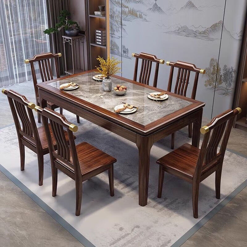New Chinese style ebony wood slate dining table home simple modern small apartment dining table solid wood rectangular table ebony wood dining table Shakespeare brown slate 1.3m single table