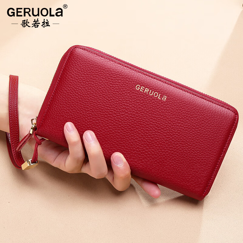 Gorola 2025 new wallet women's long style simple and fashionable large capacity clutch bag first layer cowhide wallet zipper genuine leather double zipper model - classic black (first layer cowhide anti-theft brush)