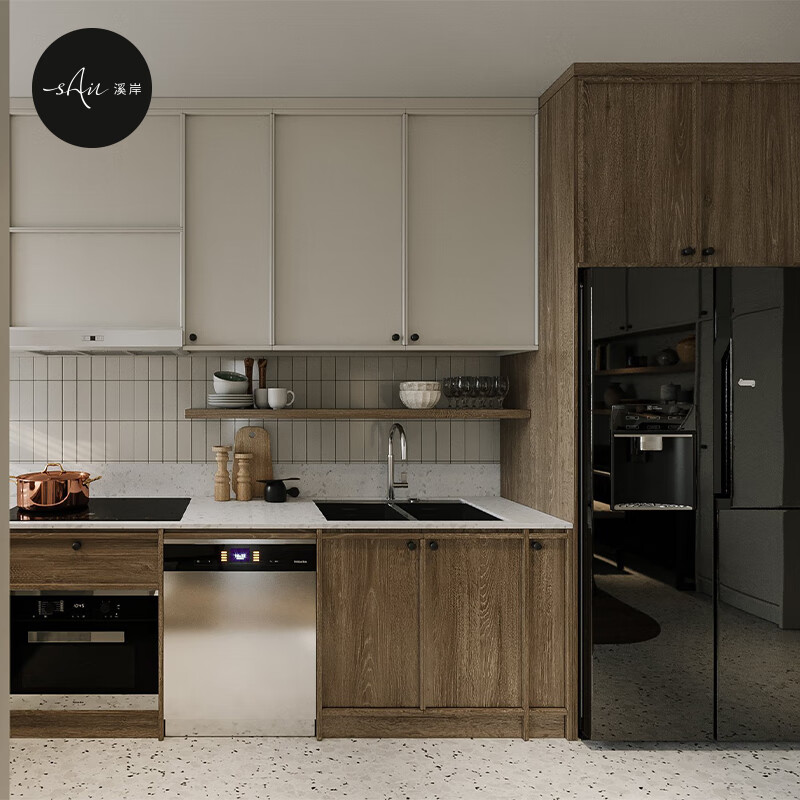 Huili Dexi'an Modern Light Luxury Cabinets Small Apartment Kitchen Cabinets L-shaped Cabinets Customized Quartz Stone Countertops Kitchen Cabinet Decoration Brown