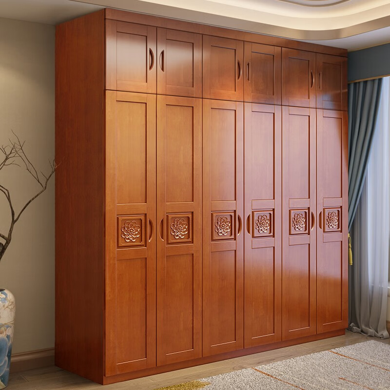 Millennium Shengshi Wardrobe Solid Wood Wardrobe Bedroom Simple Modern Chinese Style Multi-Door Combination Large Wardrobe Wooden Assembly Furniture Walnut Color Without Top Three Doors