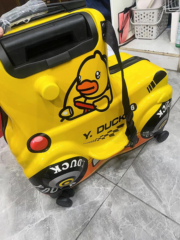 BARNOROO suitcase children's sit and ride cartoon trolley case little yellow duck cute car creative children's trolley case 24-inch car riding case zipper