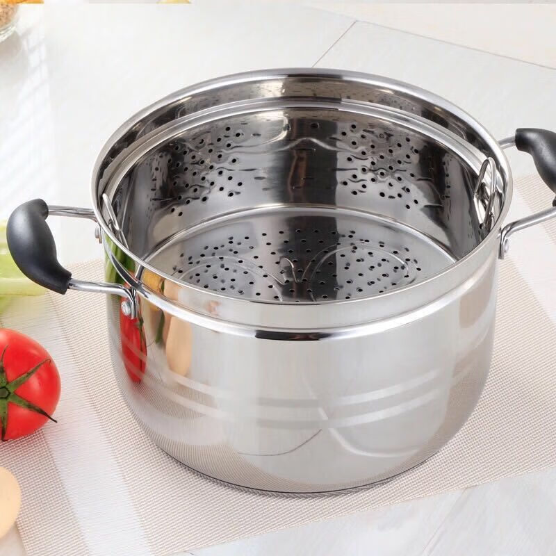 Stainless steel thickened Japanese steamer soup pot double bottom pot steamer steamer grid rice rice soup rice steamer Tailanshi 22cm (with steamer) one layer suitable for 1-2 people thickened double bottom pot