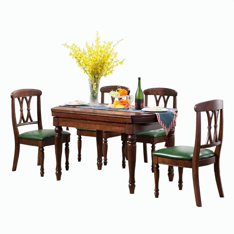 One American country all solid wood dining table retractable folding table small American retro restaurant home dining table one table four hard chairs solid wood guide rail 1.35M