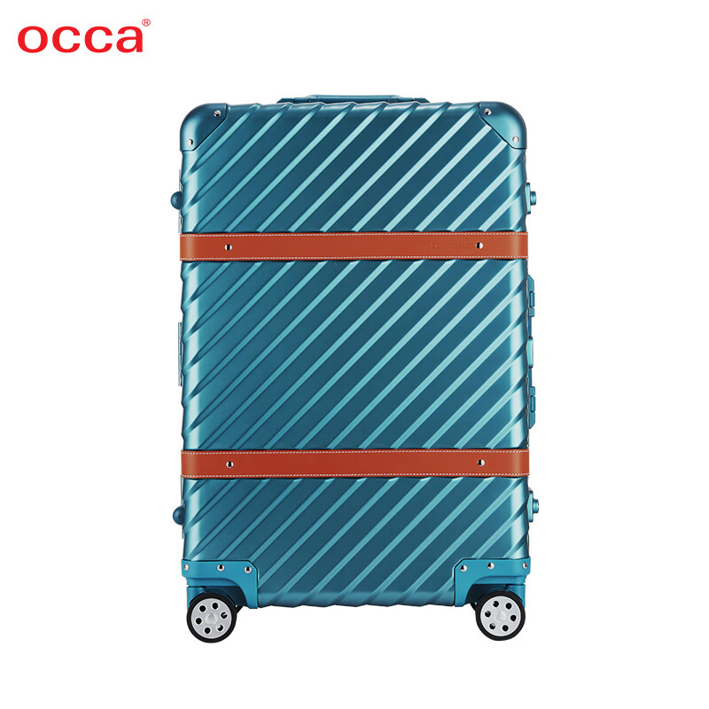 Occa suitcase business men's high-end diagonal striped aluminum-magnesium alloy trolley case metal cowhide travel retro boarding case retro silver 24 inches