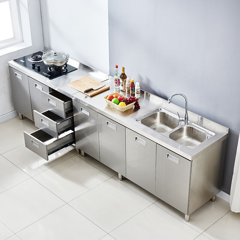 PORITIN 2025 new model 304 stainless steel kitchen cabinet simple stove integrated storage cupboard home 80 double door flat style 304 double door