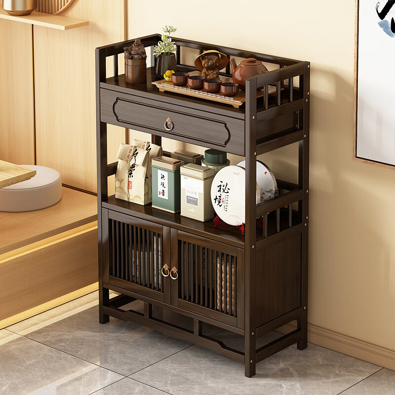 Yusenyi Xinjiang free shipping tea cabinet tea cabinet storage rack tea cabinet tea table table side cabinet tea tea set storage storage cabinet walnut color two-layer mid-draw 50 long fence style double door