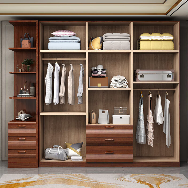 Millennium Shengshi Solid Wood Wardrobe Golden Wire Walnut Wardrobe Bedroom Cabinet Modern Chinese Wardrobe Corner Storage Cabinet Bedroom Furniture Five Doors + Top Cabinet Standard Model Does Not Exclude Center Drawer