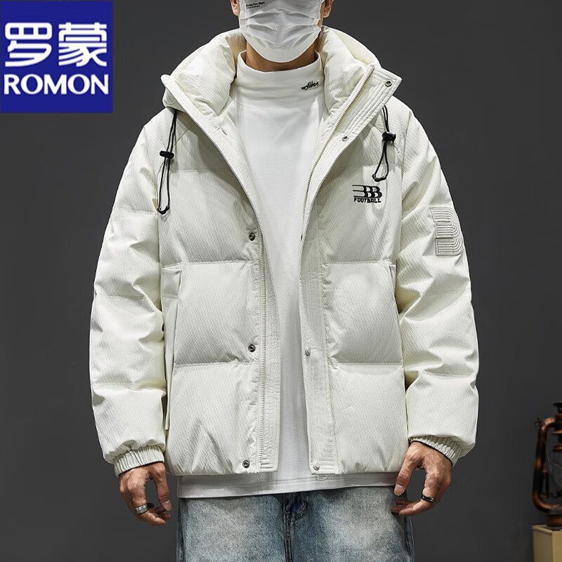 ROMON down jacket men's autumn and winter new white duck down hooded thickened warm jacket young and middle-aged trendy brand bread jacket men black XL