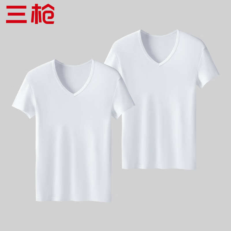 THREEGUN 2 pieces pure cotton short-sleeved men's T-shirt Xinjiang cotton rib business V-neck inner layer high elastic breathable bottoming shirt white + white L