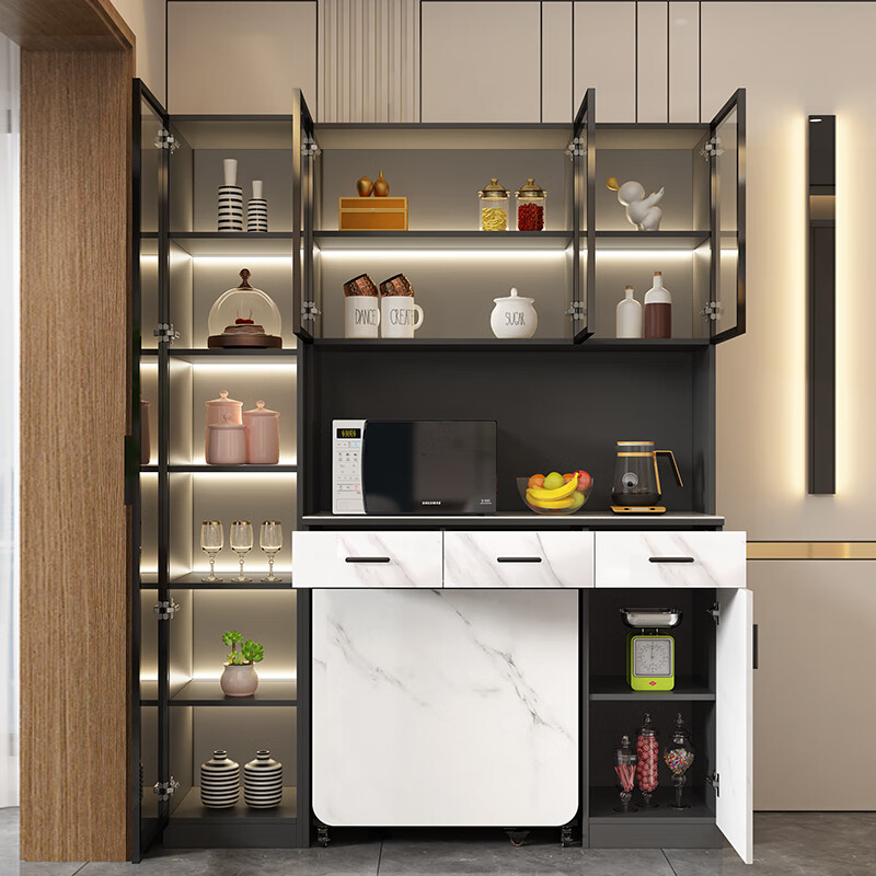 Qiangxiang light luxury slate sideboard dining table integrated wall high cabinet home living room dining room folding table wine cabinet custom G87 style 9 2000*420*2100 with lights double door