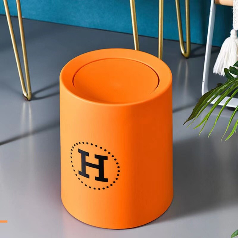Yuerle Nordic style round double-layer trash can for home living room kitchen bathroom office bedroom large trash can Hermès Orange H 8L swing lid