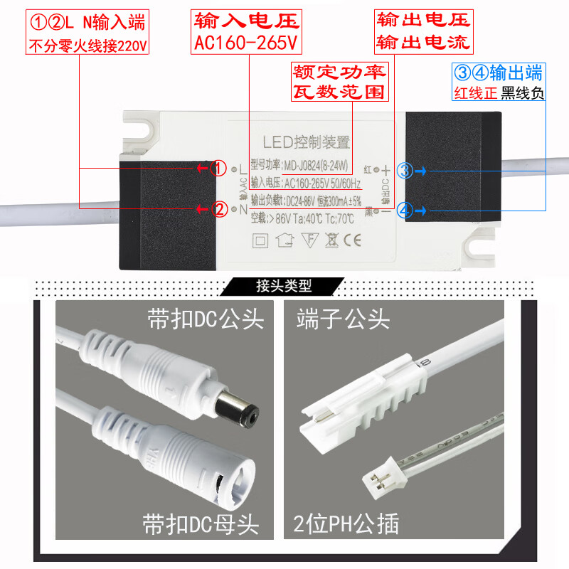LED lamp power driver constant current driver ballast transformer rectifier controller 8W24W36W50W 8-36w plastic case male terminal