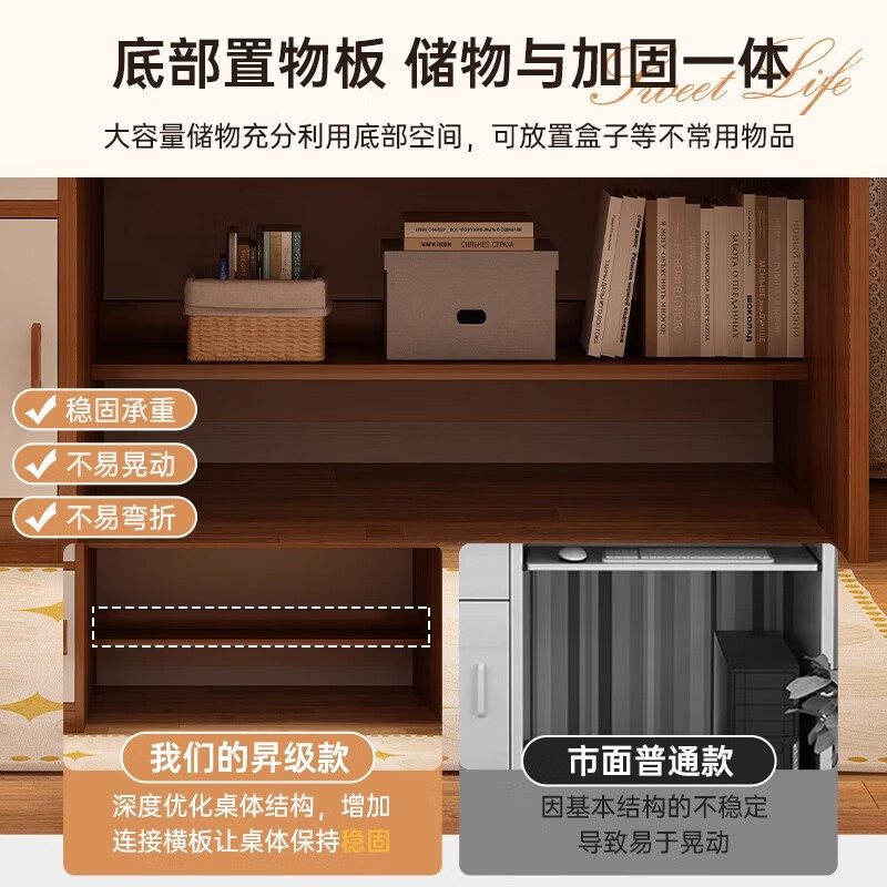 Motai desk bookcase bookshelf integrated table home junior high school student study table writing table and chair adult bedroom computer table recommended five-draw visual door pastoral wood 140*60CM assembly (self-installation)