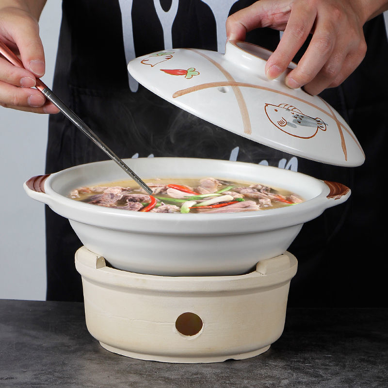 NUOLIKES ceramic alcohol stove casserole household high temperature resistant soup pot clay pot rice stew stew meat shallow pot dry-fired ceramic pot shallow pot + three-legged alcohol stove 10 inches