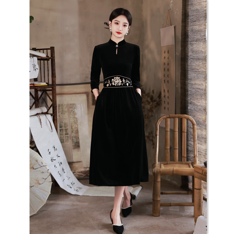 Du Yanzhi fashion improved new Chinese style long mid-sleeve cheongsam with large swing skirt autumn and winter new modern cheongsam skirt black L 100-110 catties