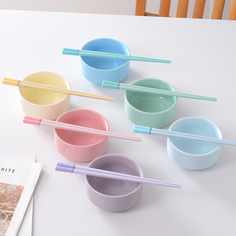 Meal-sharing bowls and plates, household one-person, one-color utensil set, chopsticks and spoons, courtyard area specializes in 64 ceramic rice, 6 colors, 1 set each, 4 points, 8-inch bowls, plates and chopsticks set
