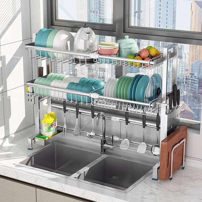 Yunhuan 304 stainless steel kitchen rack sink retractable wash basin dishes and chopsticks drain rack supplies household M005C silver single layer - chopsticks and spoon holder + knife holder