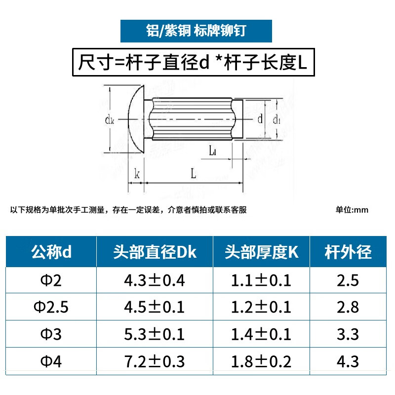 Jinggong aluminum sign rivets copper nameplate rivets trademark rivets solid knurled rivets twill aluminum rivets GB827 copper 2*4 100 pieces