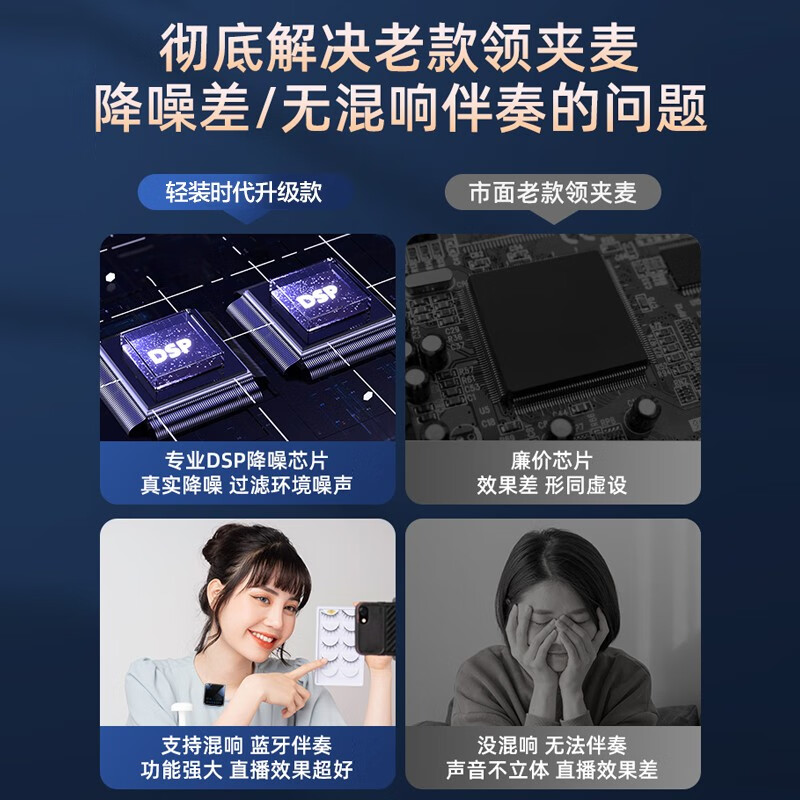 Lightweight Era Wireless Lavalier Microphone Douyin Video Outdoor Interview Singing Recording Little Bee Radio SLR Camera Mobile Phone Universal Bluetooth Microphone Live Broadcast Sound Card Dubbing Equipment One to One Single Version丨Noise Reduction + Reverb Accompaniment + Monitoring Apple/Android