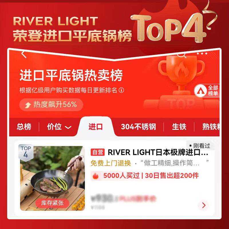 RIVER LIGHT Japanese imported pan steak frying pan uncoated household stir-fry omelette pan 27cm gas stove dedicated to open flames