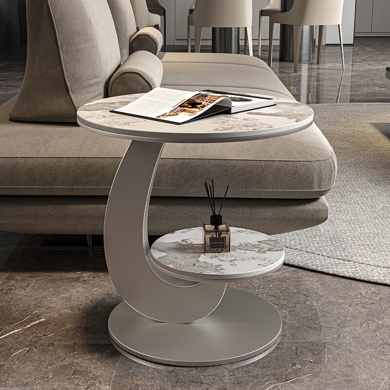Linjie modern minimalist side table living room mobile mini coffee table round side table slate sofa next to small table high-end silver frame glossy fish belly white (50*50)