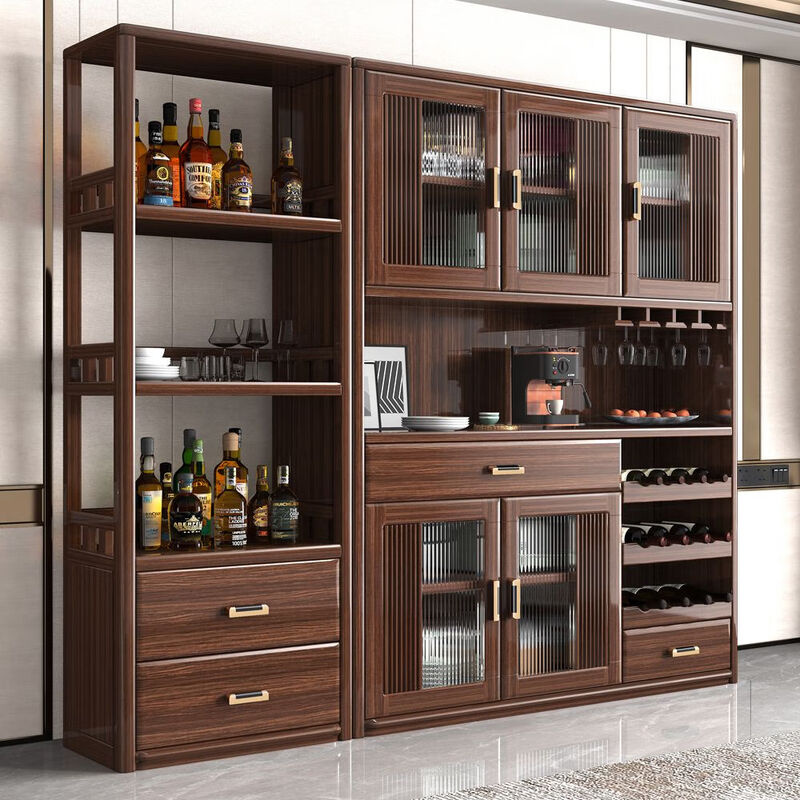 New Chinese solid wood sideboard wall-mounted multi-functional wine cabinet storage cabinet integrated home living room large capacity combination cabinet side cabinet imported walnut