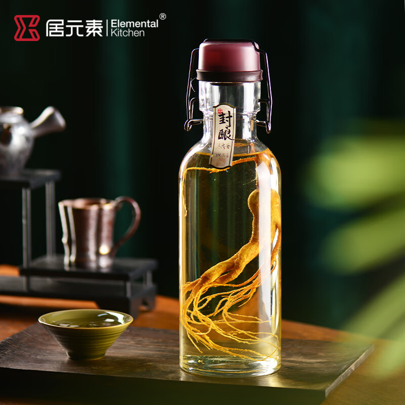 Jue element ginseng soaked wine bottle glass sealed high-end wine bottle special wine storage container 1L deep crimson