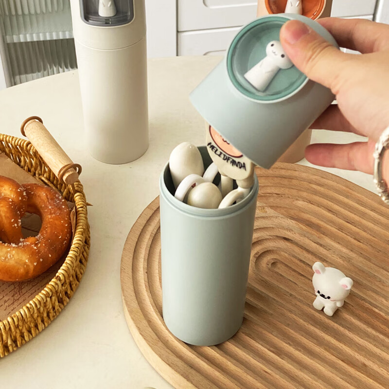 WORTHBUY 316 children's portable tableware stainless steel spoon, chopsticks and fork set training chopstick storage box cute tableware set off-white rabbit + 316 spoon + noodle fork + chopsticks + scissors 5 pieces