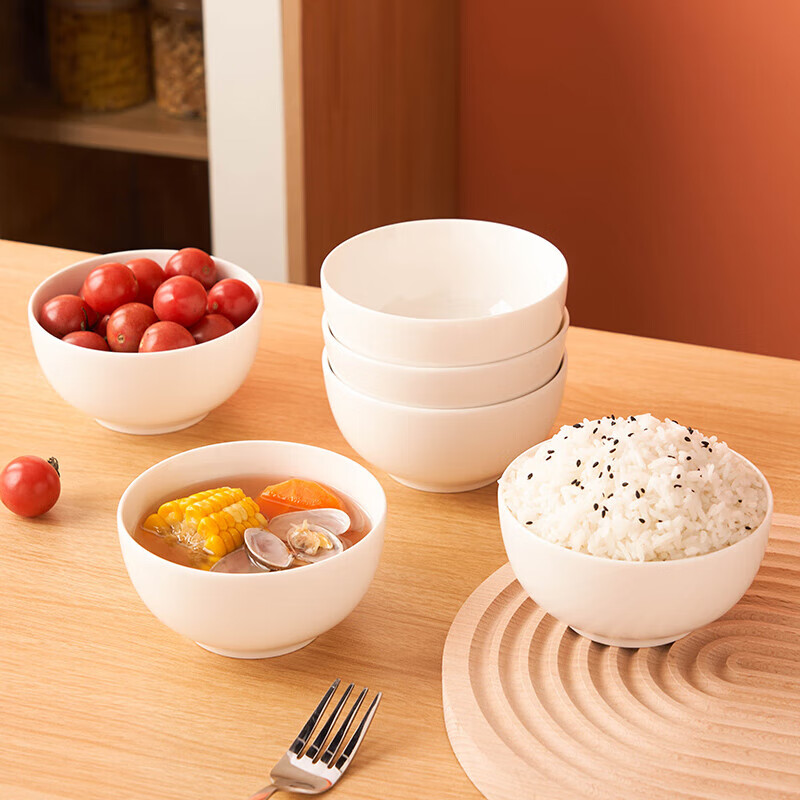 Youlaifu ceramic bowl white porcelain Chinese small bowl household 4.5-inch rice bowl soup bowl noodle bowl set 6 pieces
