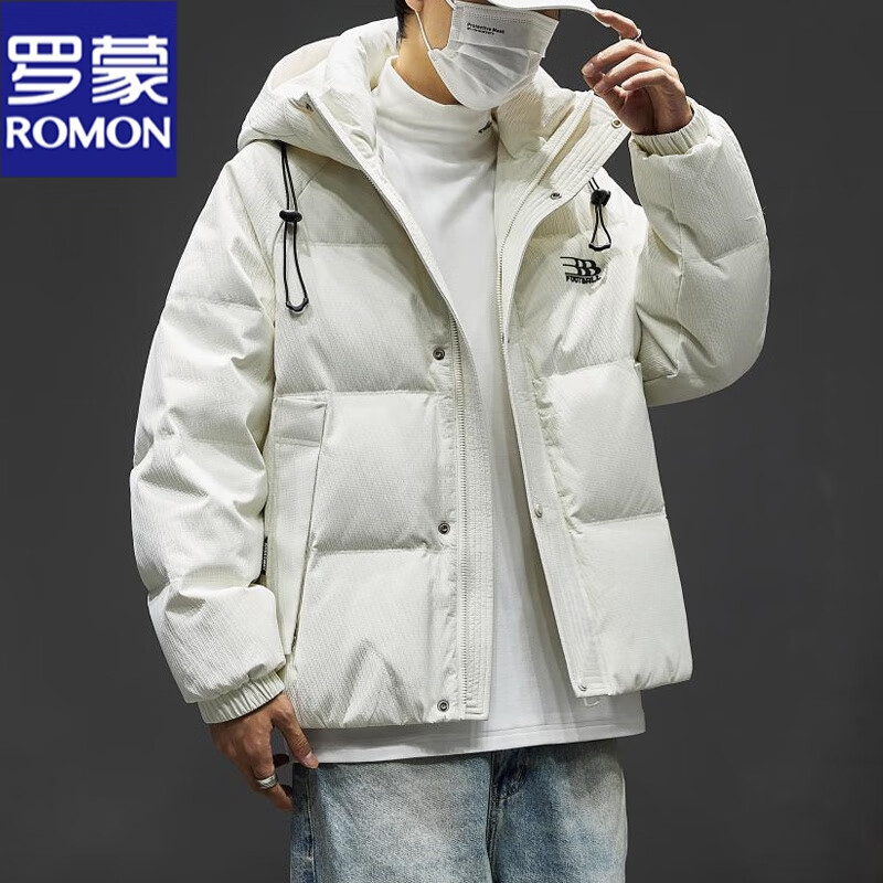 ROMON down jacket men's autumn and winter new white duck down hooded thickened warm jacket young and middle-aged trendy brand bread jacket men black XL