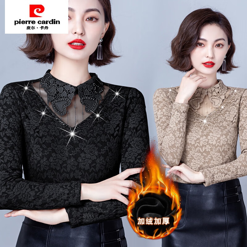 Pierre Cardin Lace Lined Velvet Bottoming Shirt Women's 2024 Autumn and Winter New Long Sleeve Top Fashionable and Versatile Small Shirt Trendy Camel Velvet 3XL