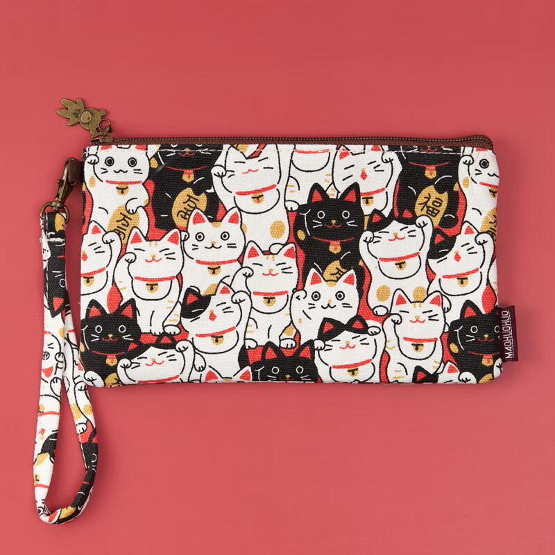 SHU GUO ER Coin Purse Clutch Wallet Women's Mobile Phone Handbag Cartoon Fabric Wallet Small Canvas Storage Bag Coin Bag Lucky Cat (Japanese Style)