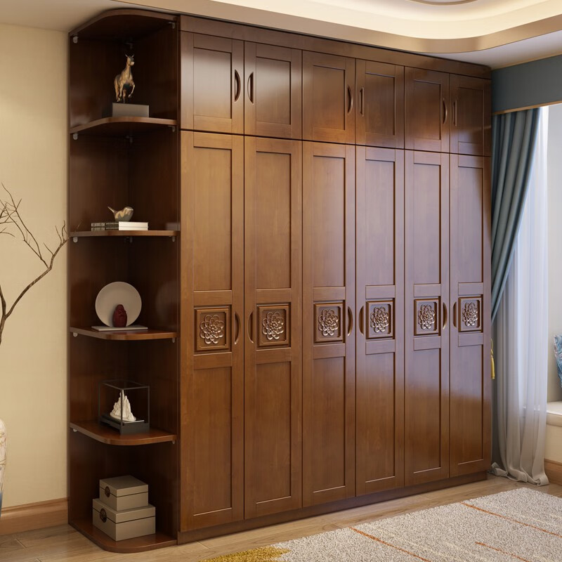 Millennium Shengshi Wardrobe Solid Wood Wardrobe Bedroom Simple Modern Chinese Style Multi-Door Combination Large Wardrobe Wooden Assembly Furniture Walnut Color Without Top Three Doors