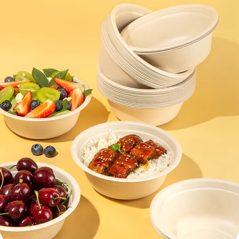 Jiamo sugarcane pulp paper plate and paper bowl disposable tableware waterproof and oil-proof natural color degradable paper bowl 500ml-30 pieces