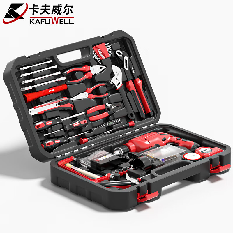 Kraftwell electric drill tool box tool set large tool set household electric drill impact drill set 128-piece impact drill set