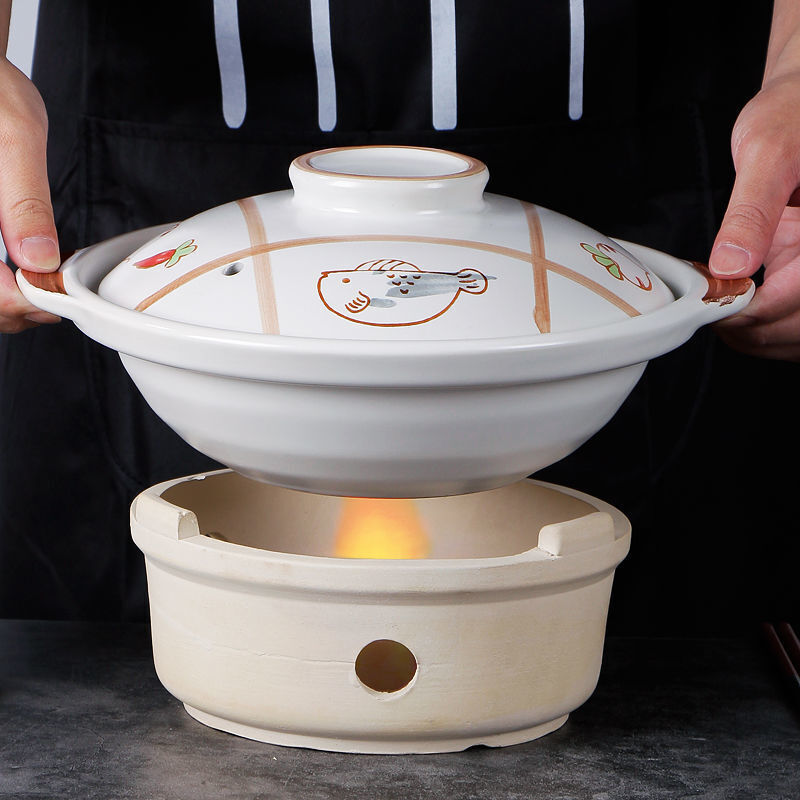NUOLIKES ceramic alcohol stove casserole household high temperature resistant soup pot clay pot rice stew stew meat shallow pot dry-fired ceramic pot shallow pot + three-legged alcohol stove 10 inches