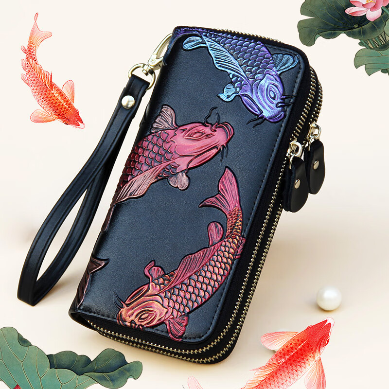 SHARELOVE cowhide lucky women's wallet long double zipper wallet genuine leather large-capacity hand mobile phone bag for the holidays to give to mom Golden Koi